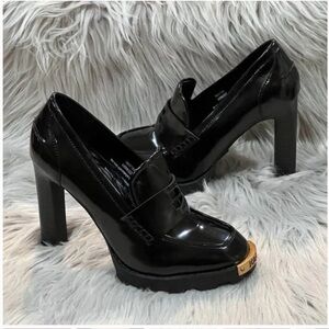 NEW Karl Lagerfeld Paris Virna Black Patent High Heel Loafers